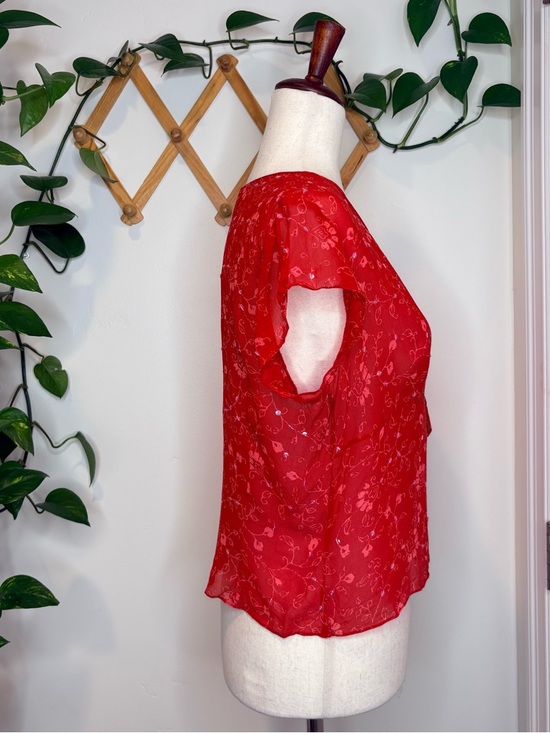Vintage 90’s Y2K Ann Taylor Silk Tie Front Top Sequins Sheer Red - Picture 5 of 7